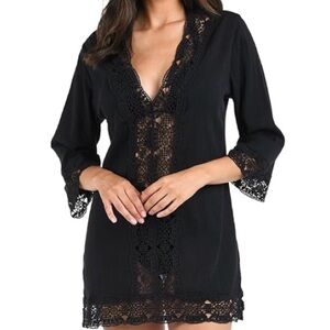 La Blanca Black Crochet V-Neck Tunic Swim Cover-Up Cotton Crochet Women’s Size M